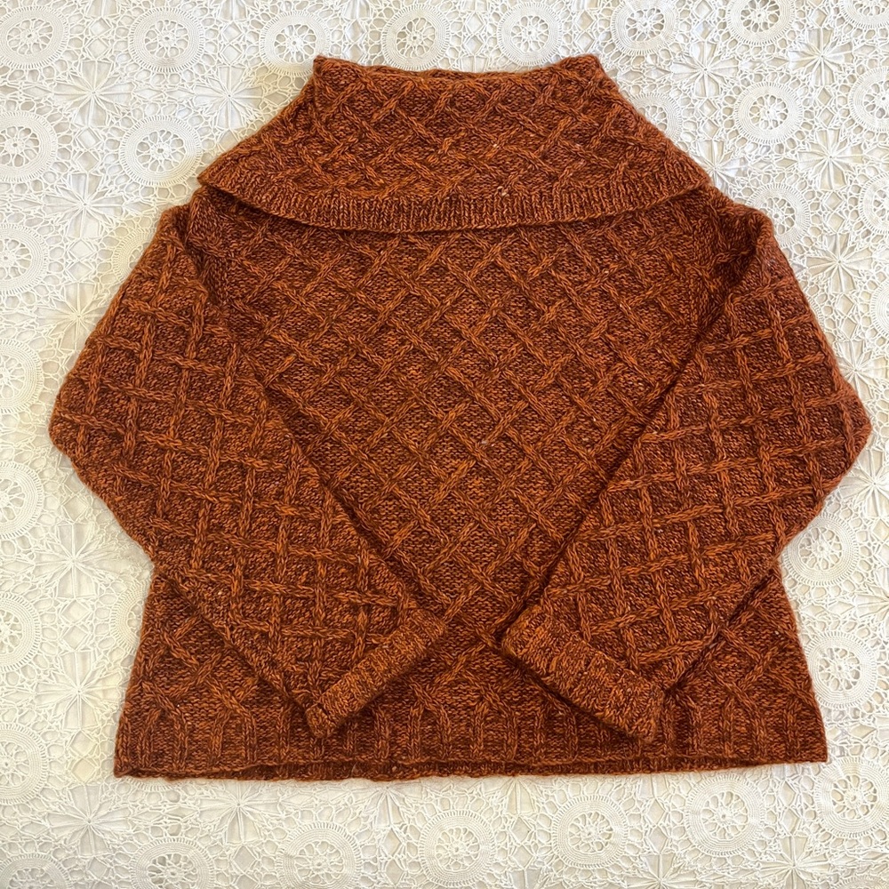 Anne Klein burnt orange knit Argyle fisherman pull over turtleneck wool sweater